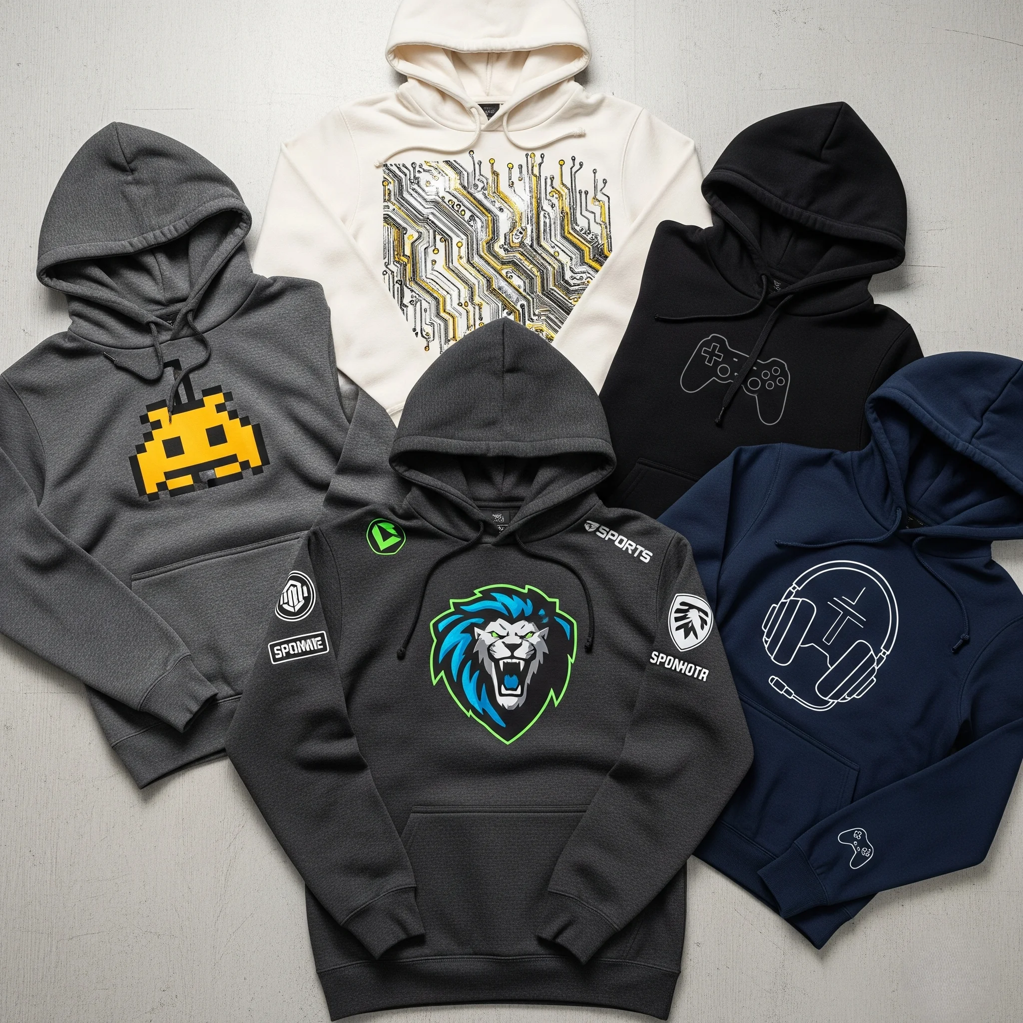A flat lay of a gamer hoodie collection featuring five different styles, including esports, minimalist, and retro pixel art designs.
